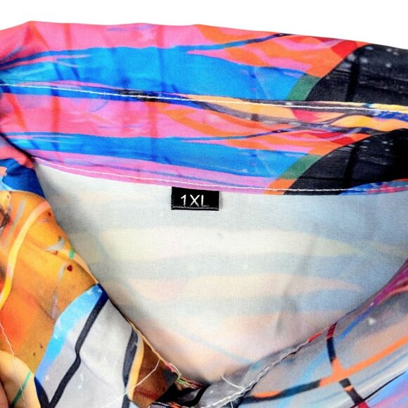 Mens 1XL Button-Up Short-Sleeve Vibrant Music Note Multicolor Abstract Print - Picture 12 of 12